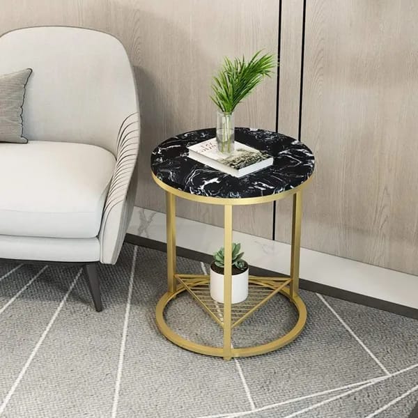 Luxury Wooden Top Side Table with Gold Finish Base