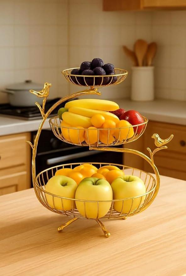 3-Tier Gold Metal Fruit Basket Stand with Bird Design