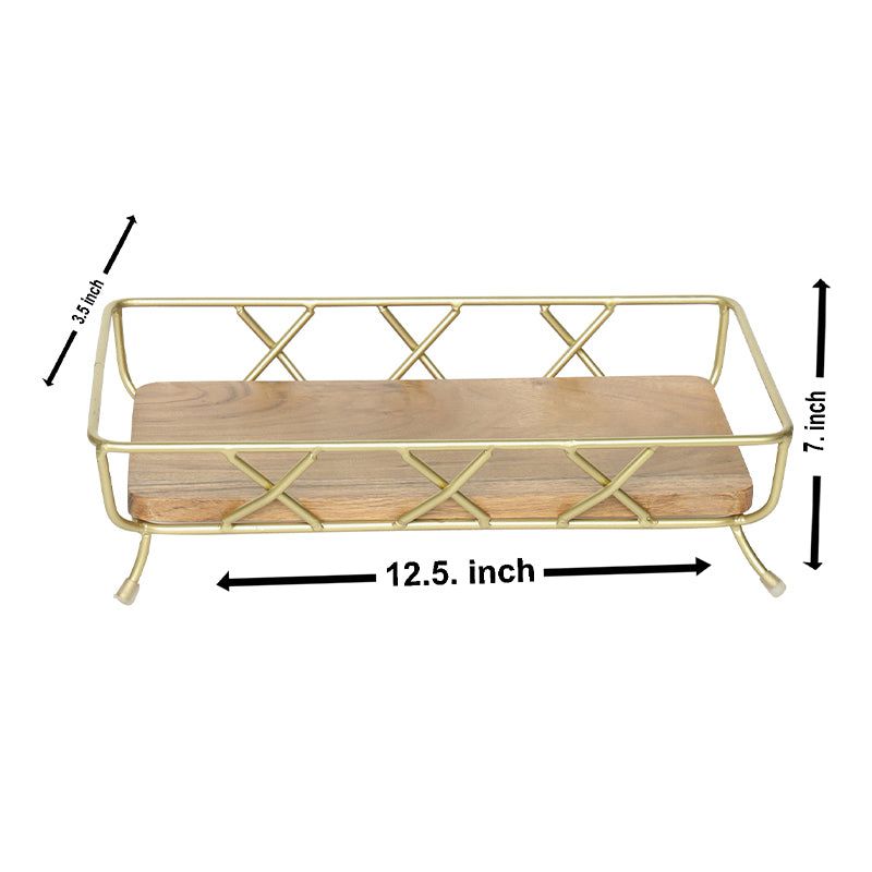 Gold Metal Serving Tray with Wooden Base – Decorative Countertop Organizer