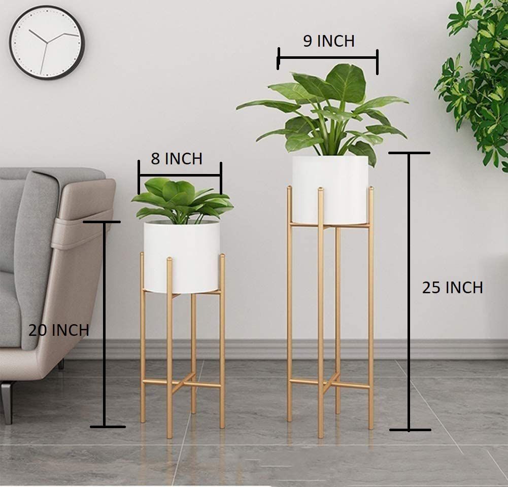 Premium Metal Planter Stand Set of 2 | Gold Finish Indoor Plant Holders with Pots | Modern Flower Pot Display Stands