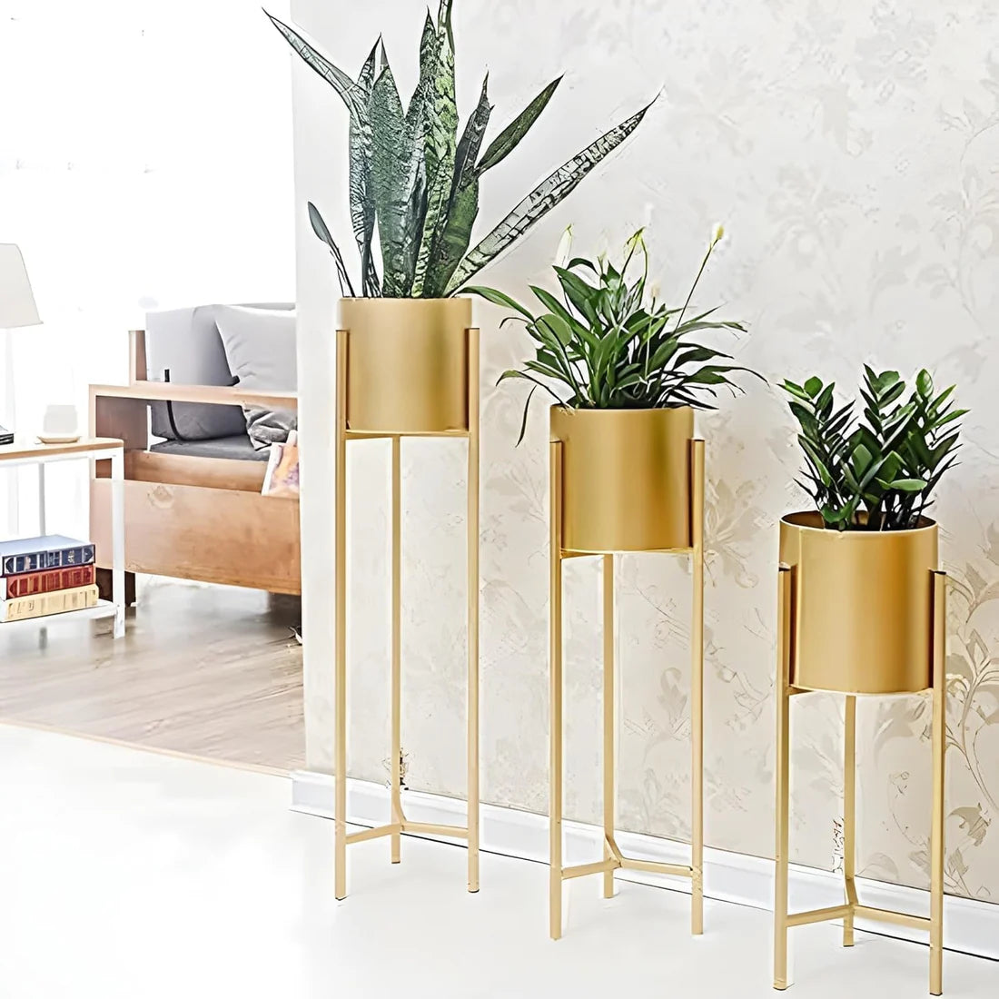 Modern Metal Floor Flower Stands Planter Stand with Planter Pot -Set of 3 Golden)
