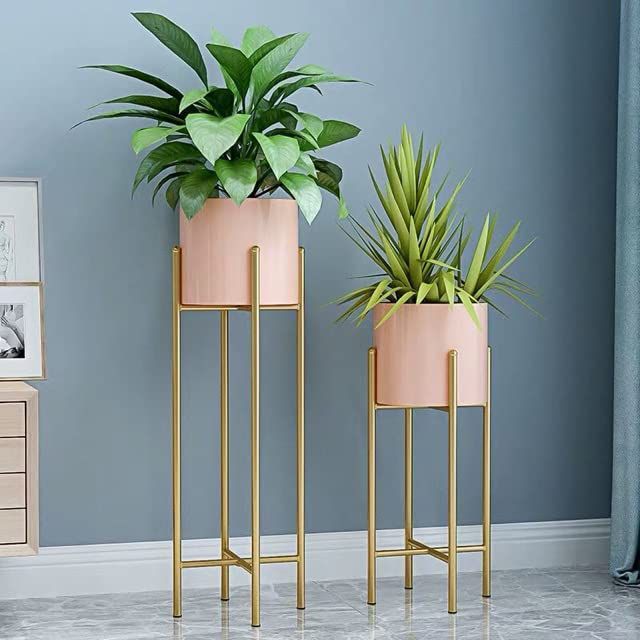 Premium Metal Planter Stand Set of 2 | Gold Finish Indoor Plant Holders with Pots | Modern Flower Pot Display Stands
