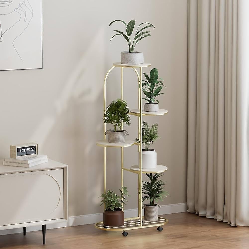 Luxury 5-Tier Gold Metal Plant Stand with Wheels | Modern Multi-Level Flower Pot Rack | Indoor Decorative Plant Display Shelf