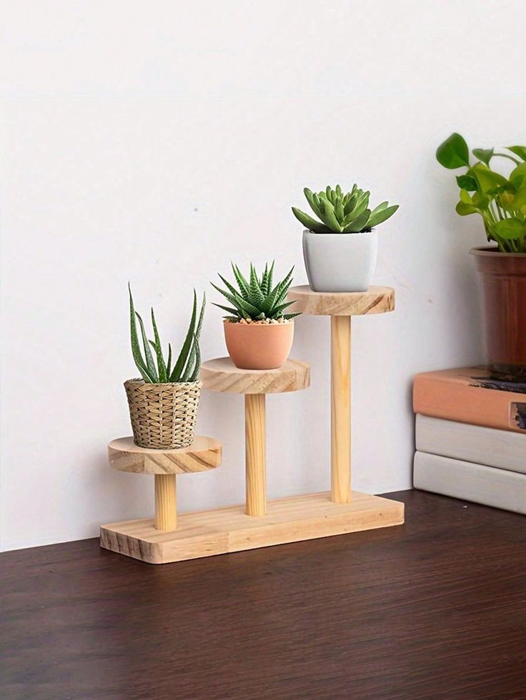 Rustic Wooden 3-Tier Plant Stand | Tabletop Flower Pot Display Rack | Natural Wood Succulent Holder for Home Décor
