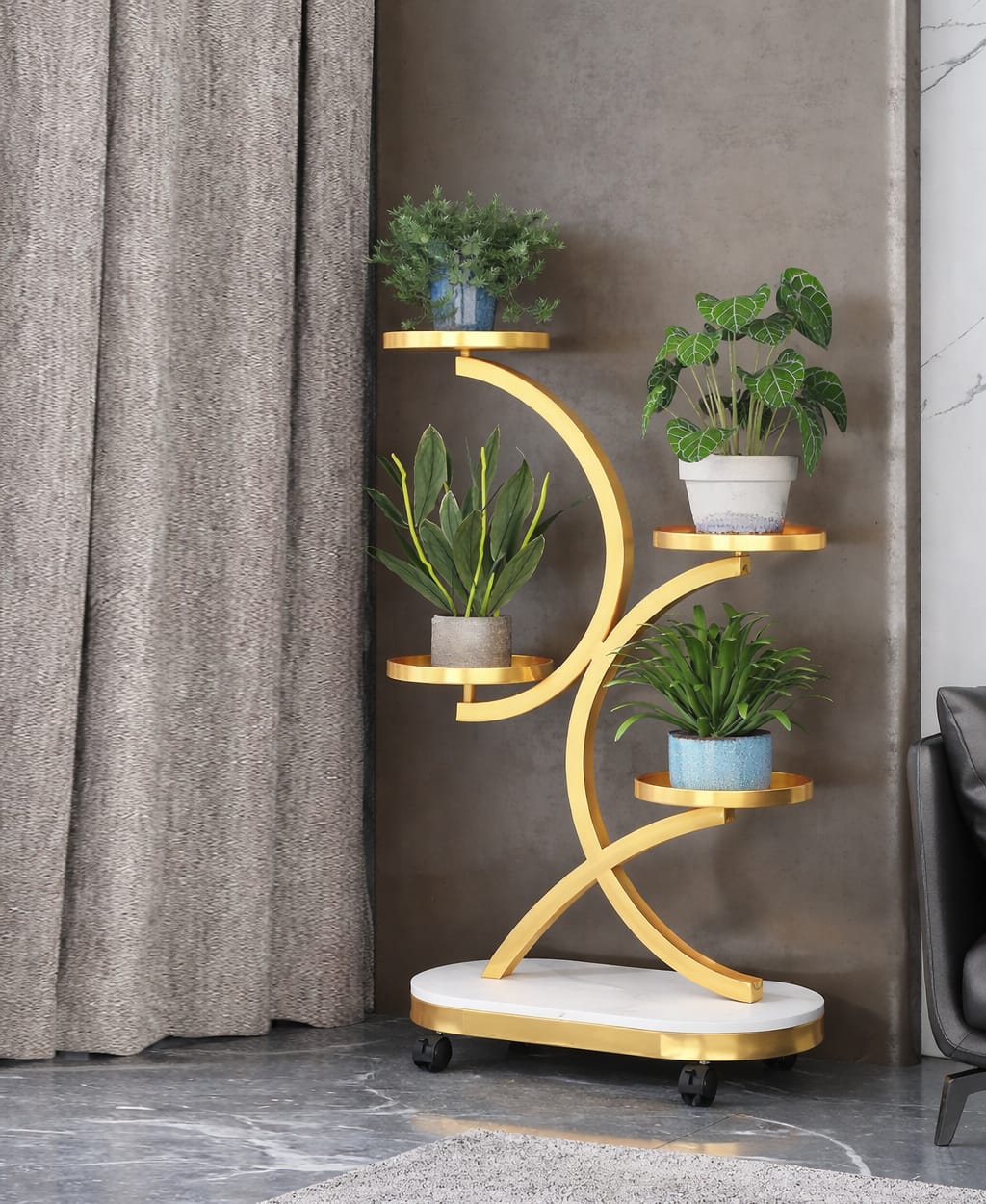 “Modern Luxury Golden 4-Tier Plant Stand with Wheels for Living Room Decor”