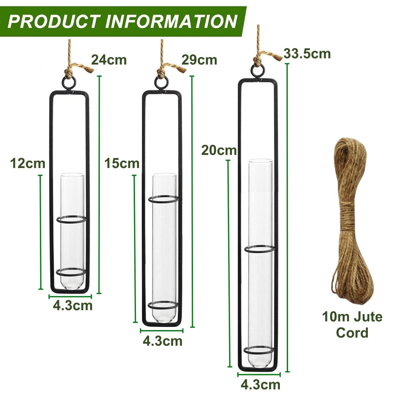 Modern Hanging Glass Vase Set of 3 – Wall Décor Test Tube Planters with Metal Frame
