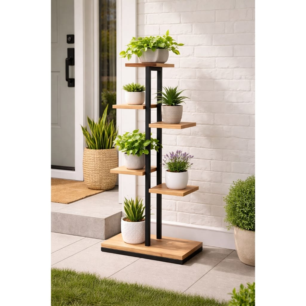 Shelf, Brown Wood with Black Metal Frame