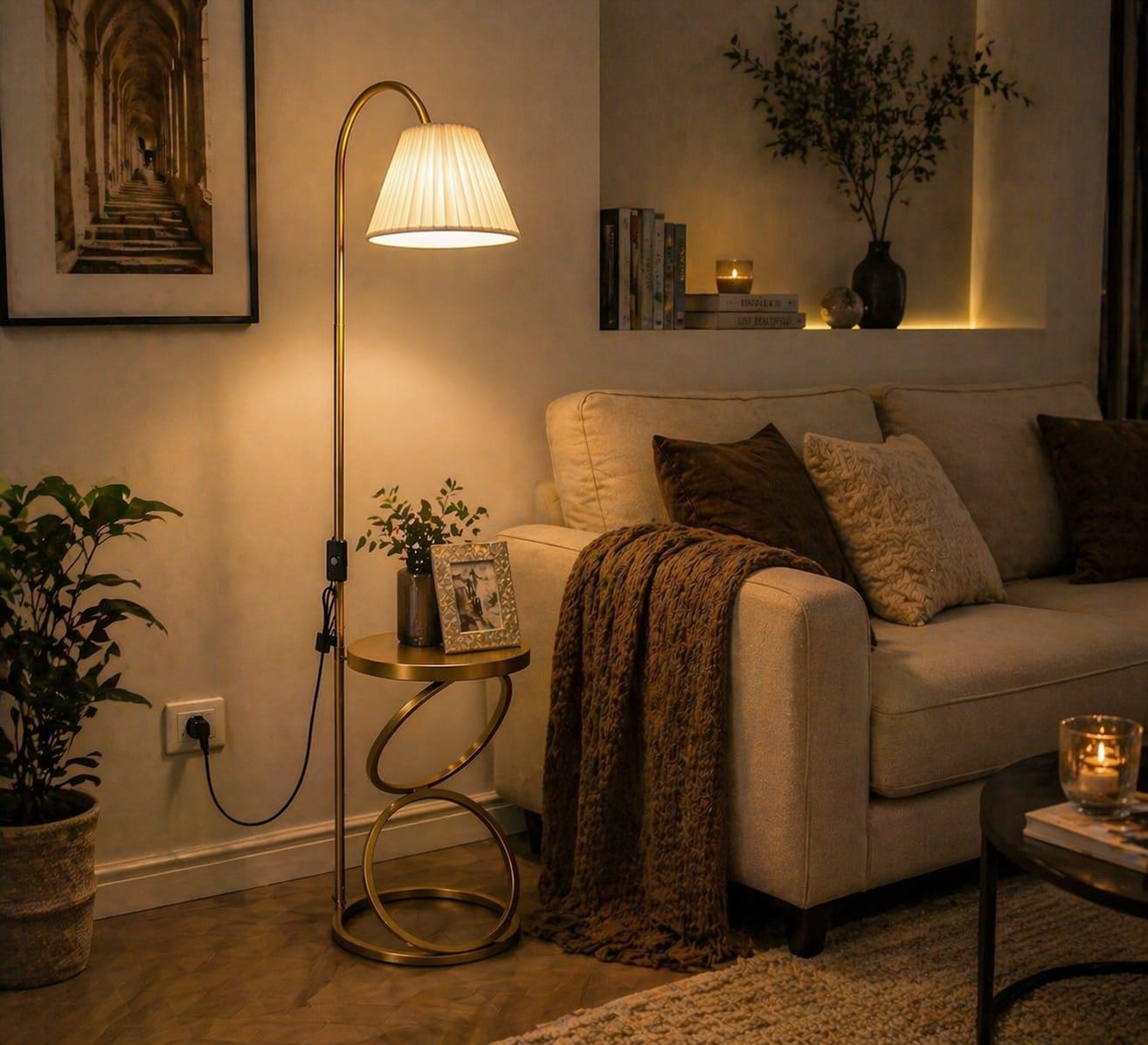 Modern Gold Floor Lamp with Table | Premium Fabric Shade | 56 Inch Standing Lamp