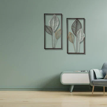 Metal Leaf Wall Relief – 2-Piece Nature-Inspired Wall Art with Gold, Silver & Brown Accents