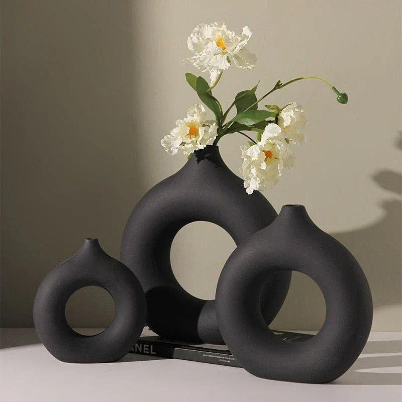 Modern Black Donut Ceramic Vase Set (3 Pieces)