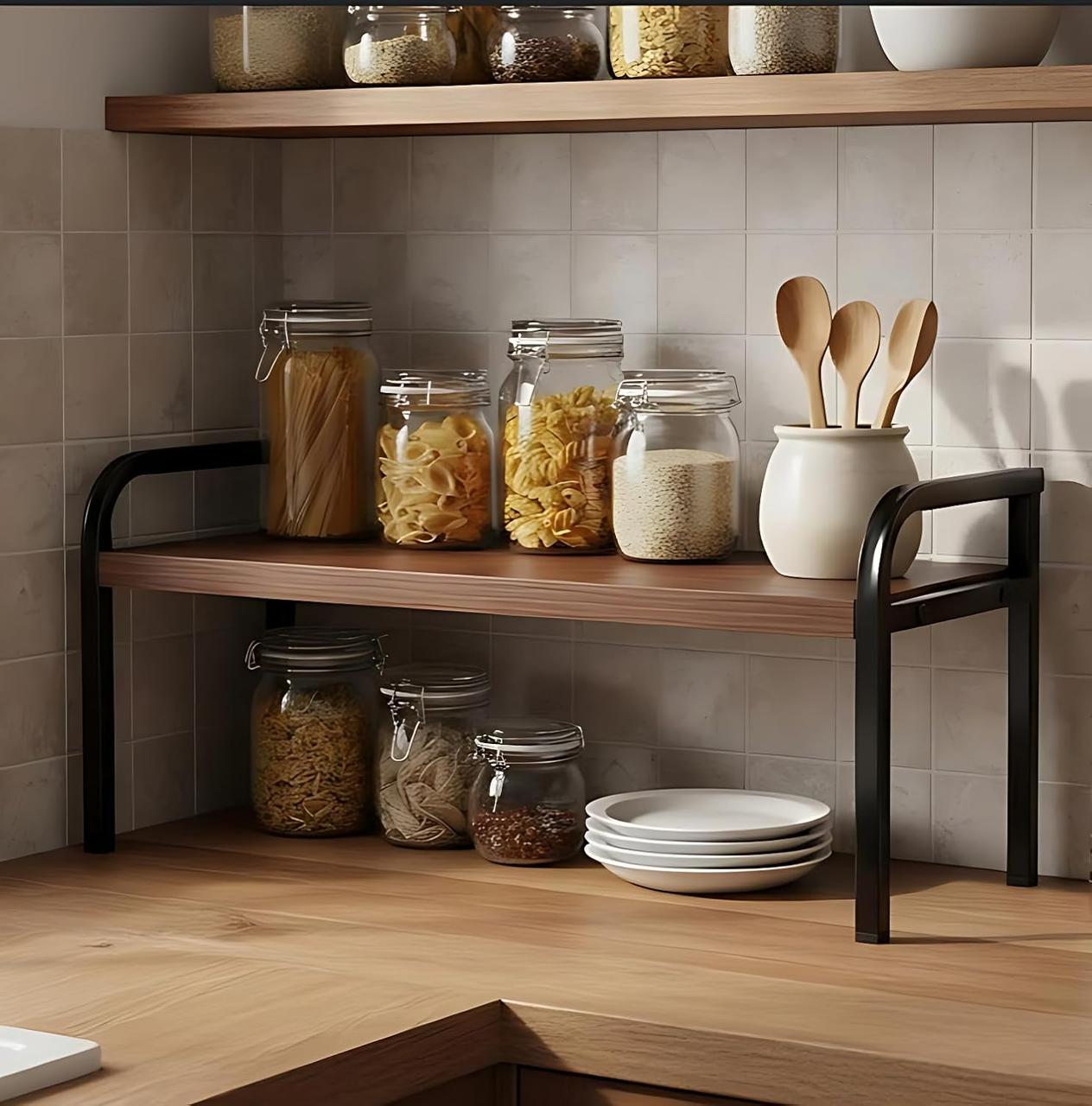 Kitchen Countertop Organizer Shelf – Wooden & Metal Storage Rack