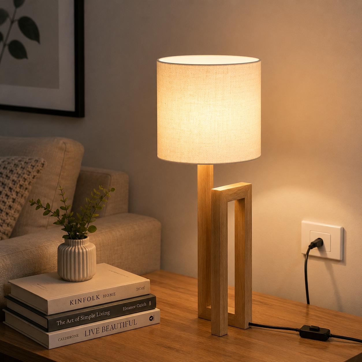 Modern Wooden Table Lamp with Fabric Shade – Minimalist Bedside & Living Room Lamp