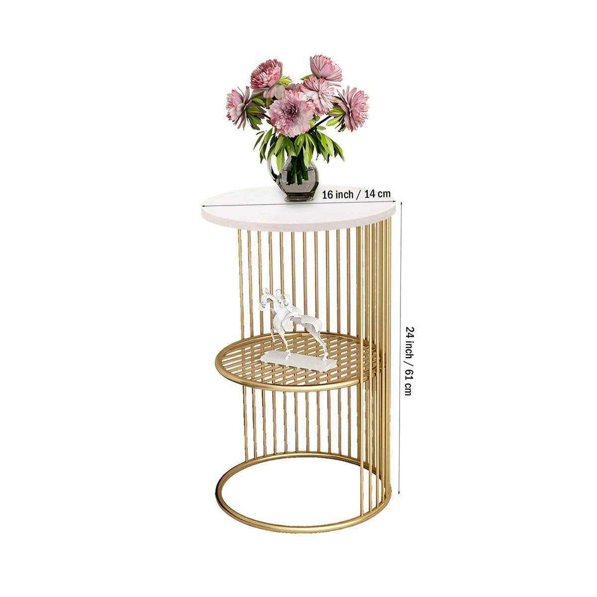 Designer Art Golden Half Caged White with wooden Marble finish Coffee Round Side Table