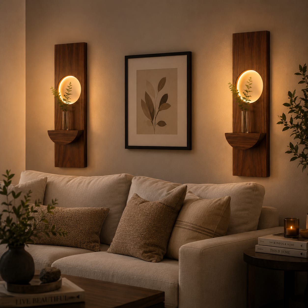 Modern Wooden LED Wall Shelf with Glass Vase Holder – Decorative Floating Wall Accent (Single Piece)