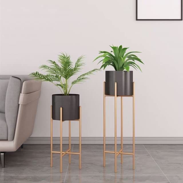 Modern Metal Planter Stand Set of 2 | Gold Frame Indoor Plant Holders | Luxury Flower Pot Display Stands