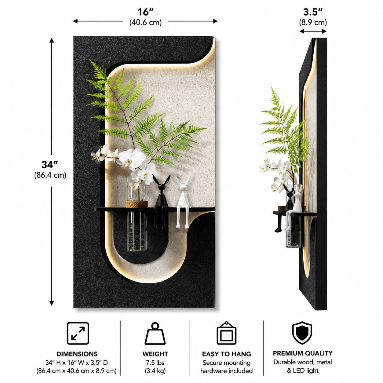 Luxury LED Wall Art Shelf with Vase Holder | Modern Illuminated Floating Wall Shelf | Decorative Wall Panel for Home & Office
