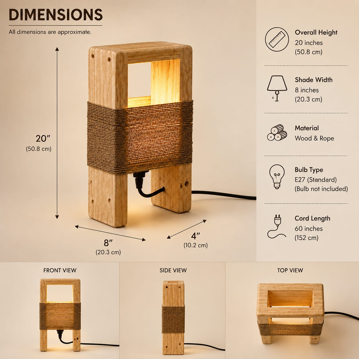 Rustic Wooden Table Lamp with Rope Design – Handmade Decorative Bedside Light