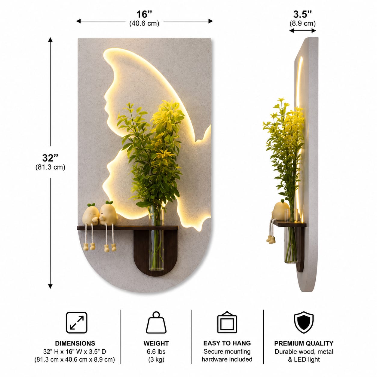 Butterfly LED Wall Art Shelf with Glass Vase Holder | Modern Illuminated Decorative Wall Panel | Luxury Floating Shelf Décor