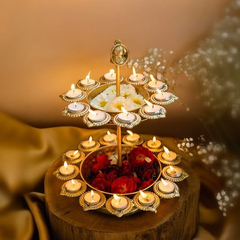 2-Tier Decorative Metal Urli with Diya Holders | Luxury Festive Candle Stand for Home Décor