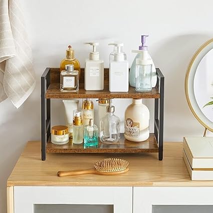 2-Tier Storage Shelf, Brown Wood with Black Metal Frame
