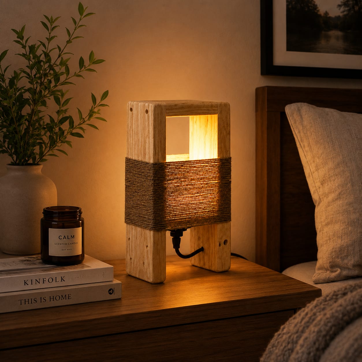 Rustic Wooden Table Lamp with Rope Design – Handmade Decorative Bedside Light