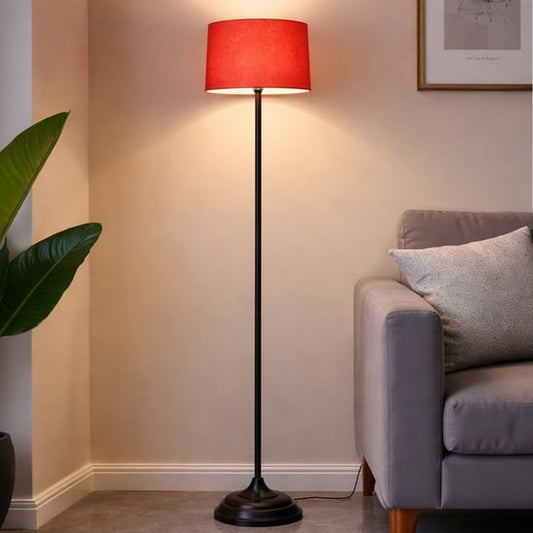“Luxury Standing Floor Lamp with Red Fabric Shade – Stylish Light for Home Decor & Living Room