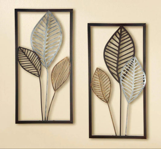 Metal Leaf Wall Relief – 2-Piece Nature-Inspired Wall Art with Gold, Silver & Brown Accents