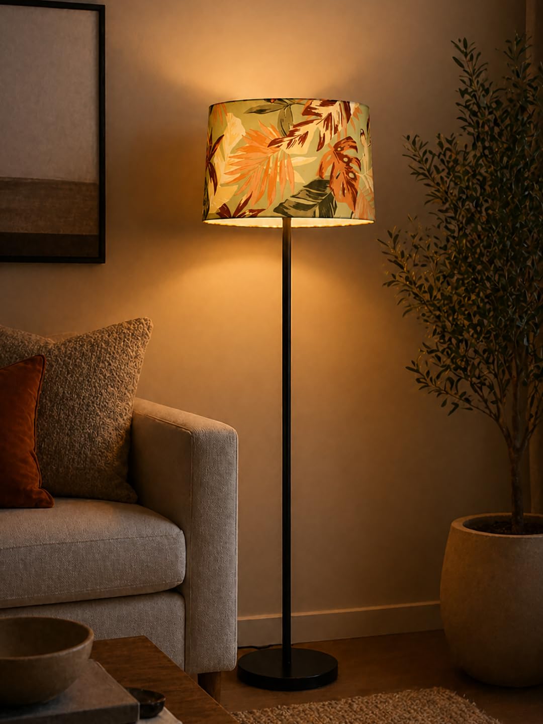 Modern Black Metal Pole Floor Lamp for Living Room, Tall Standing Lamp with Fabric Shade, Warm Ambient Lighting, Minimalist Lamp for Bedroom, Office, Reading Corner (Palm Leaf)
