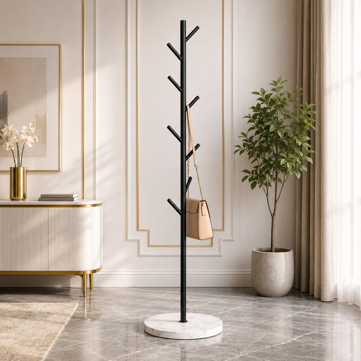 Modern Tree-Shaped Coat Rack Stand | Freestanding Metal Clothes & Bag Hanger with Marble Base | Entryway Organizer