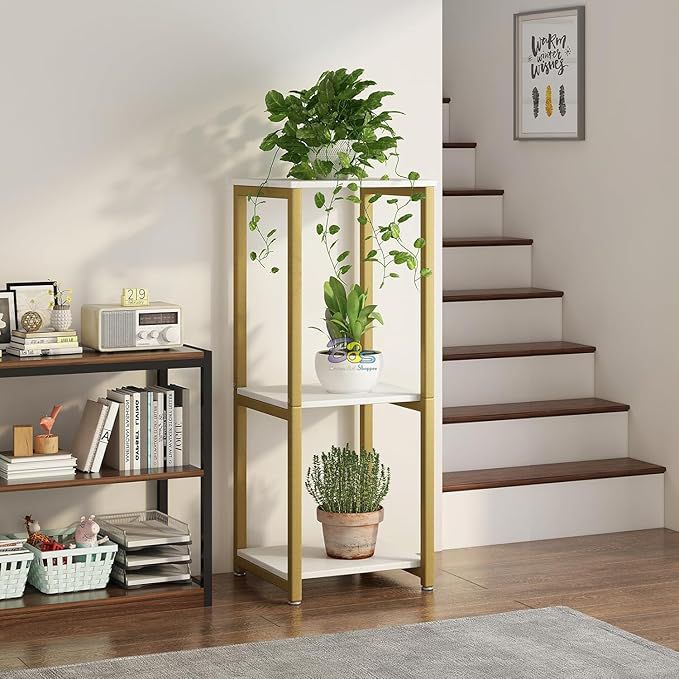 Modern 3-Tier Gold & White Plant Stand | Compact Metal Flower Pot Rack | Multi-Level Indoor Plant Display Shelf