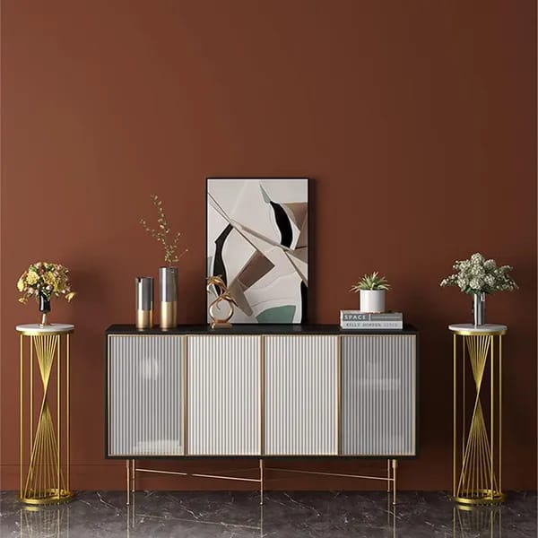 Modern Wooden Top Plant Stand Set with Gold Metal Frame (Set of 2)