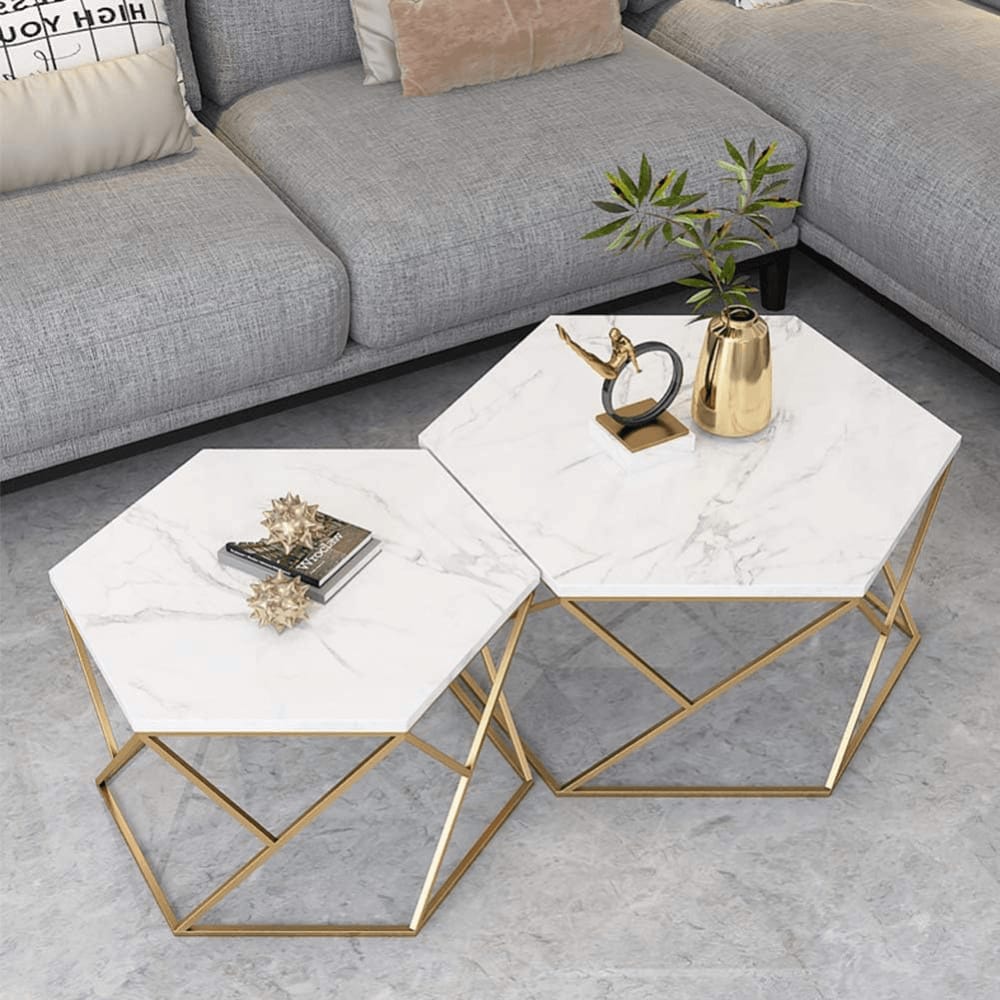 Modern wooden Top Nested Coffee Table Set with Gold Metal Frame (Set of 2)