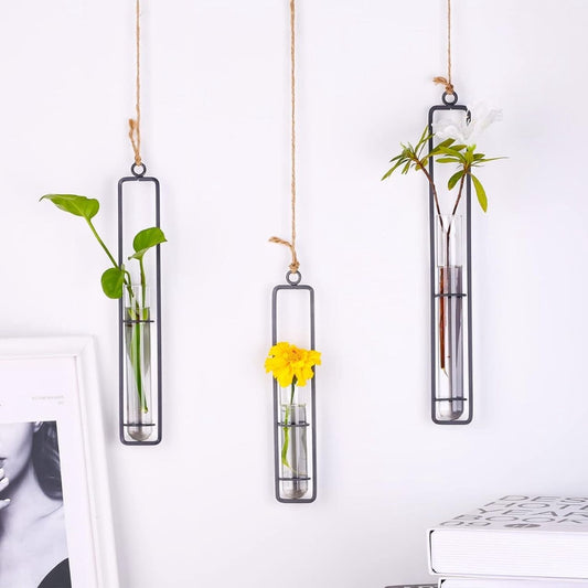 Modern Hanging Glass Vase Set of 3 – Wall Décor Test Tube Planters with Metal Frame
