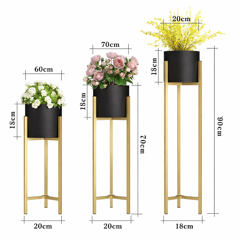 Modern Metal Floor Plant Stand with Planter Pots – Set of 3, Elegant black pot  Flower Stands for Home Decor