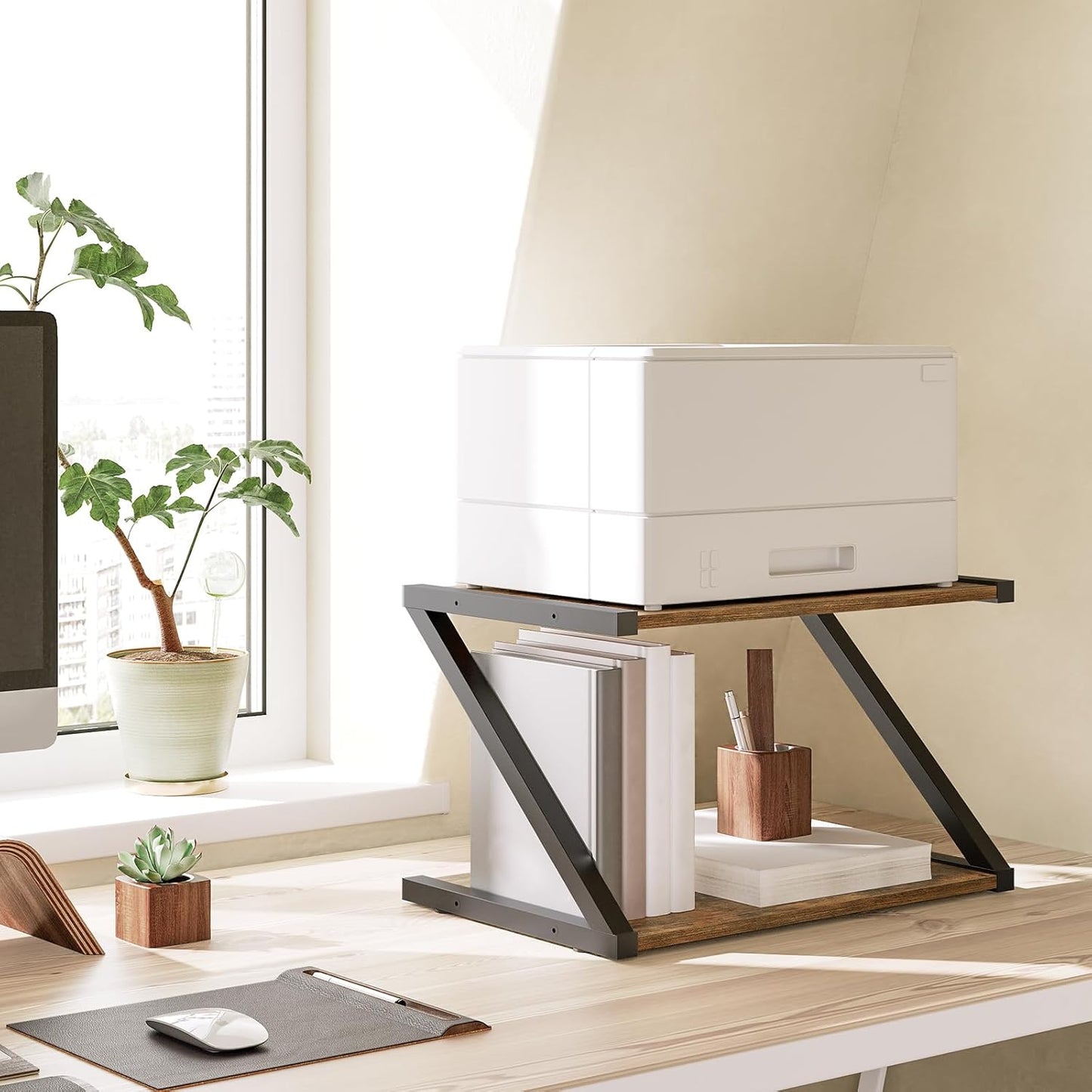 Modern Wooden Desk Organizer Stand – Multipurpose Printer & Workspace Storage Shelf