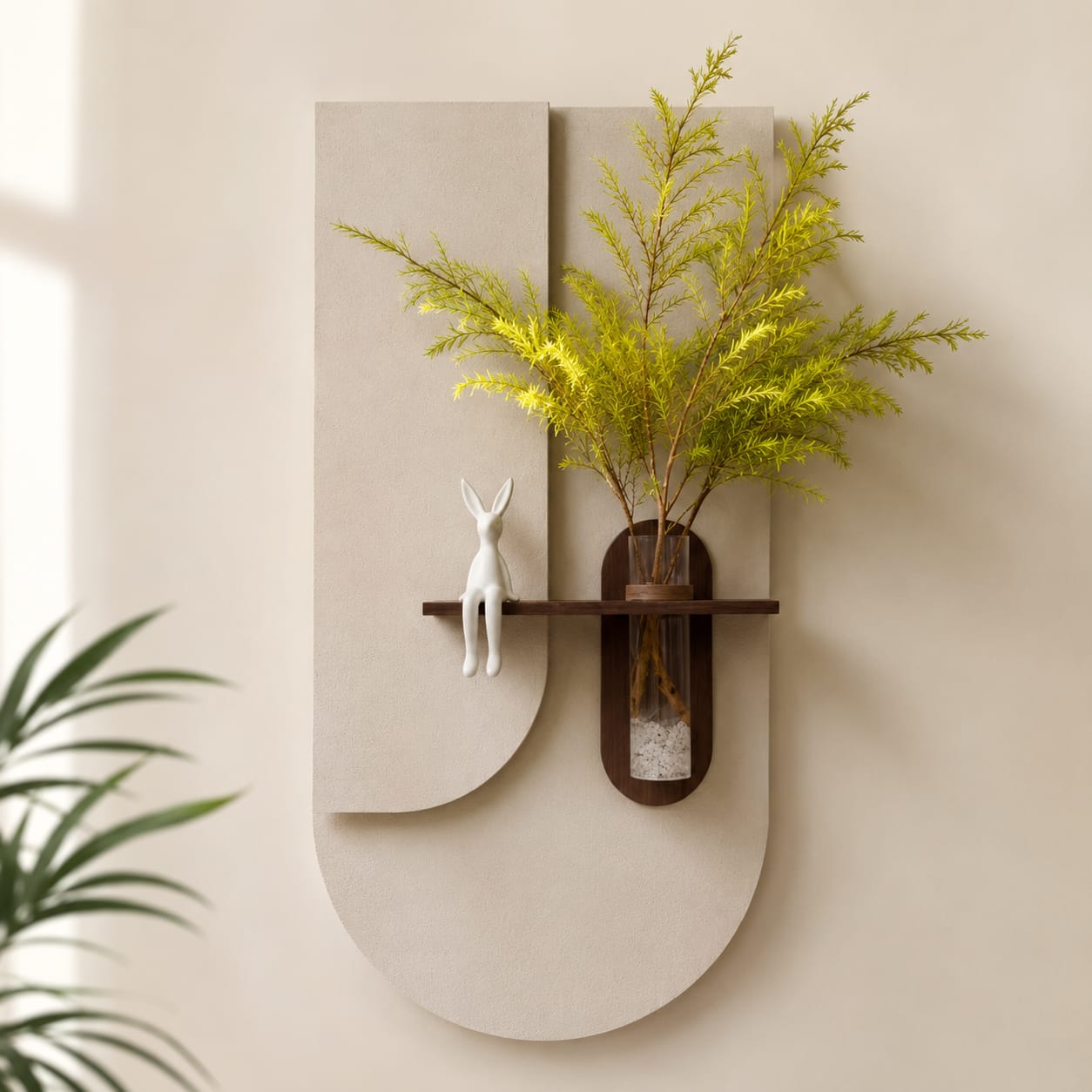 Luxury Minimalist Wall Planter Vase with Wooden Shelf & Bunny Decor