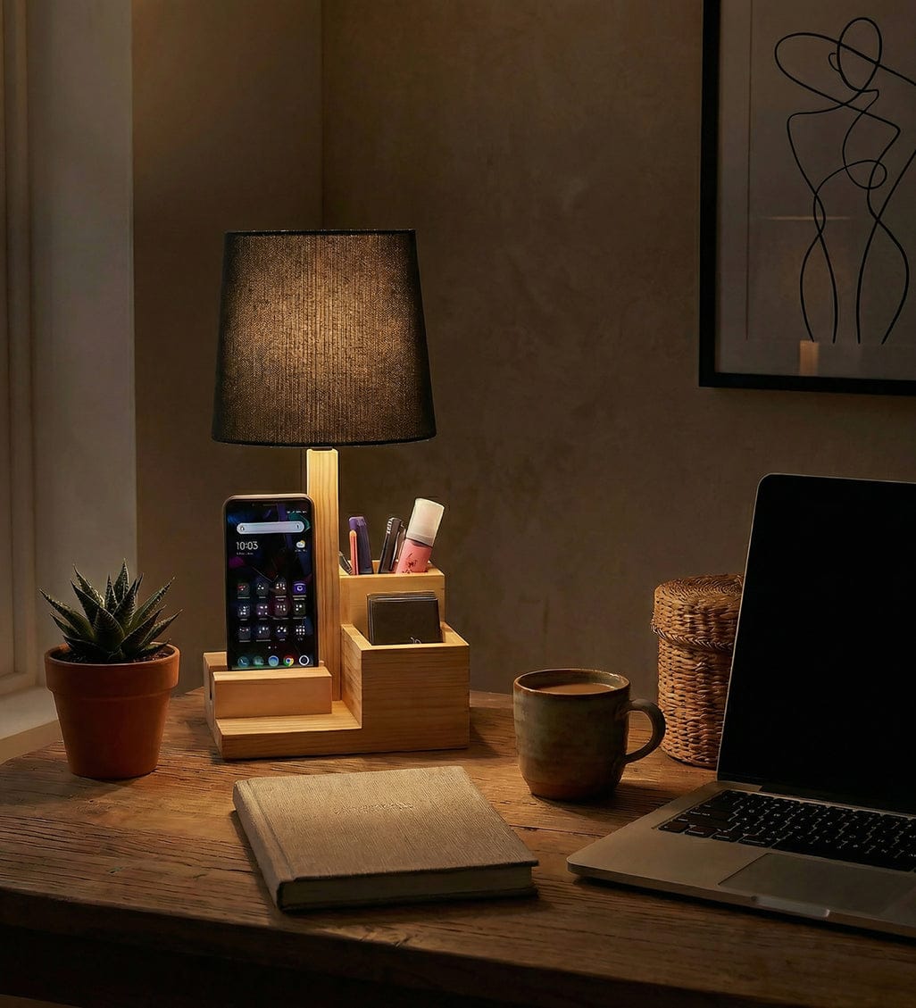 Modern Wooden Table Lamp with Organizer | Bedside Study Lamp with Pen Holder