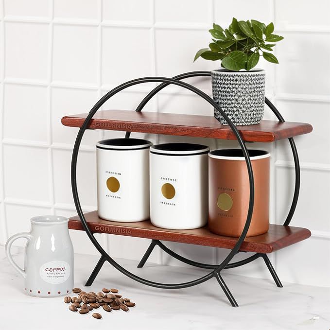 Modern Round 2-Tier Wooden Display Shelf with Metal Frame – Tabletop Organizer