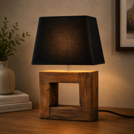 Rustic Wooden Table Lamp with Black Fabric Shade – Modern Bedside & Living Room Lamp
