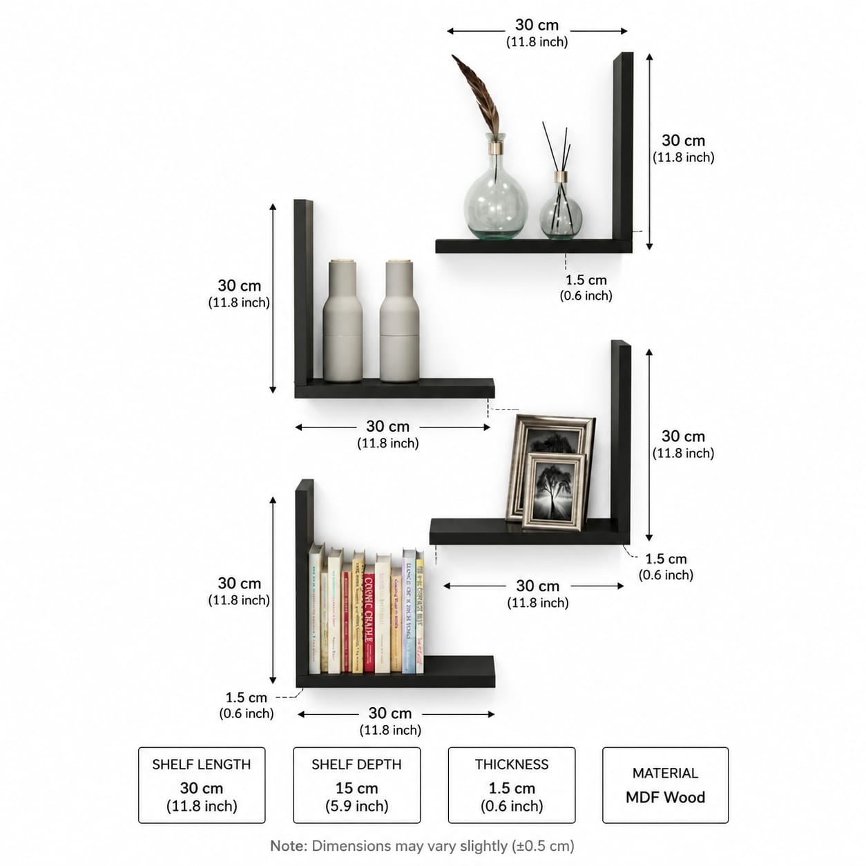 Set of 4 L-Shaped Floating Wall Shelves | MDF Wooden Corner Shelves for Living Room, Bedroom & Home Decor