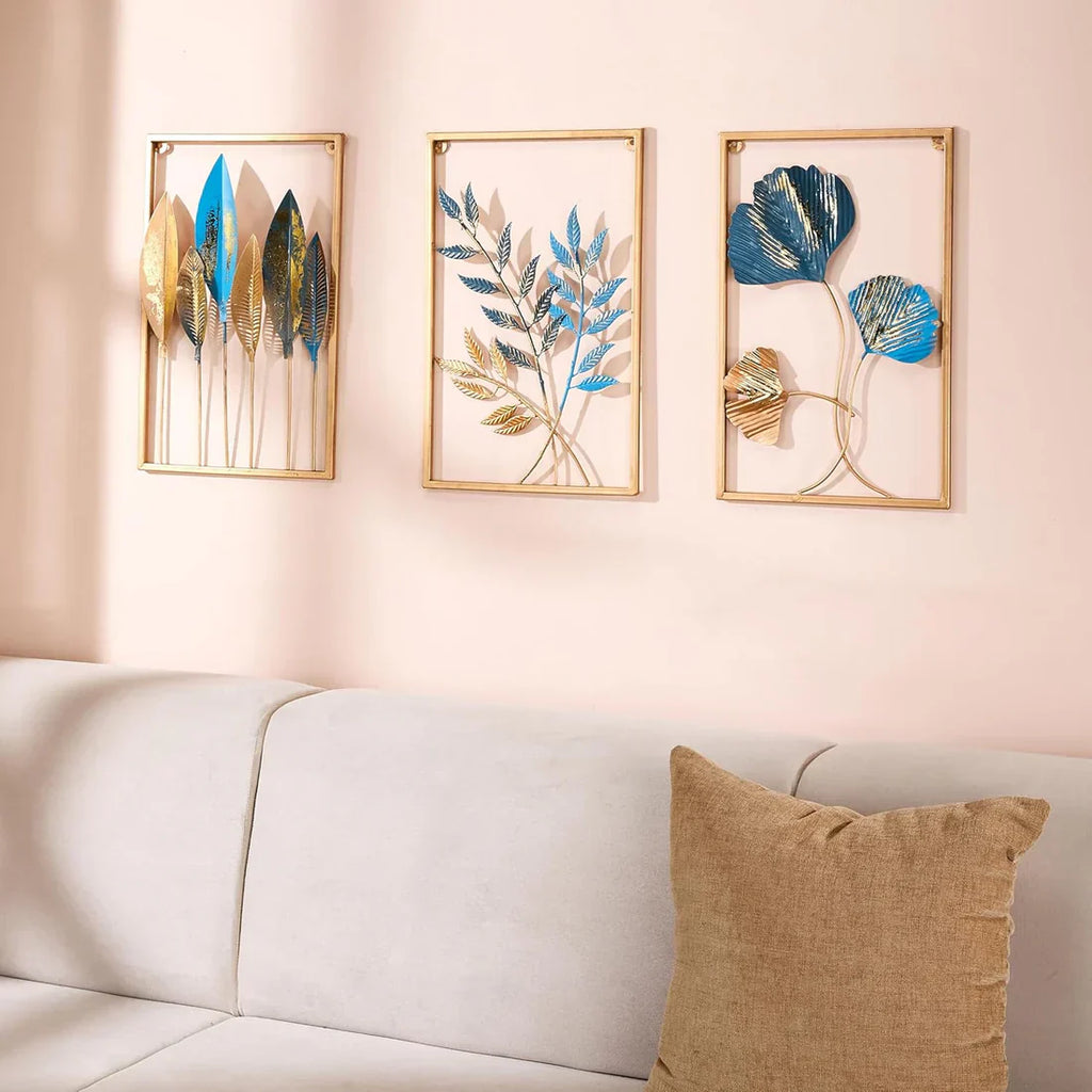 Gold Color Metal Wall Decor Leaf Wall Hanging Decoration, Set of 3 Metal Wall