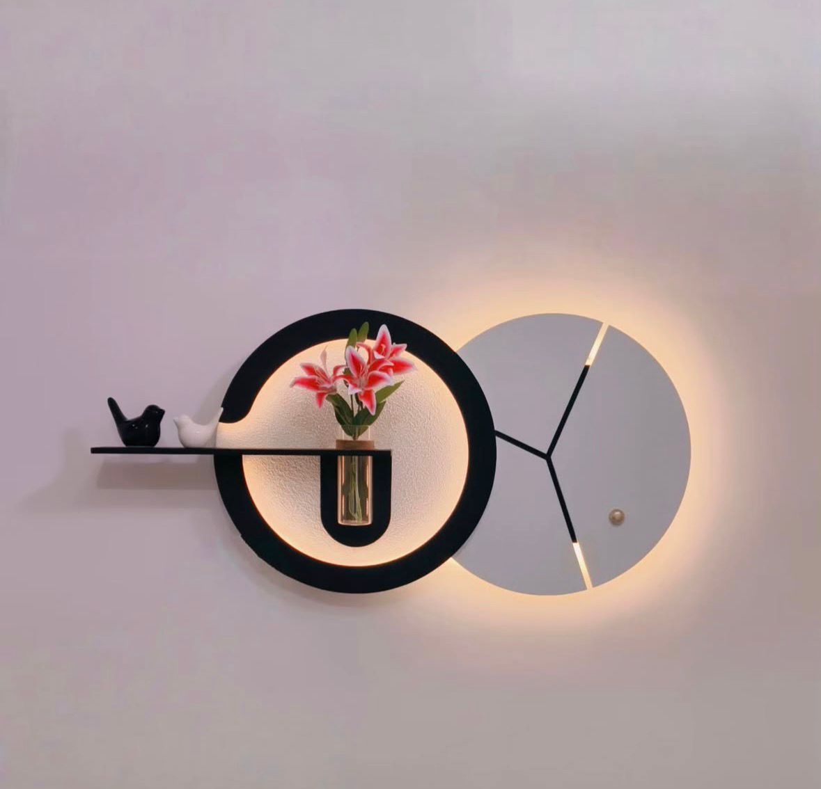 Modern LED Wall Clock with Flower Vase & Shelf | Decorative Wall Light for Living Room & Bedroom