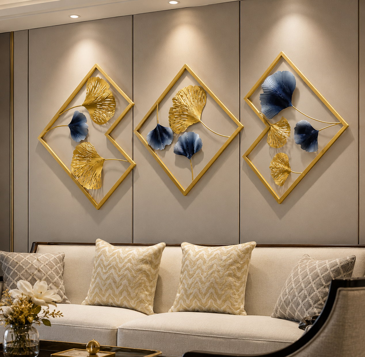 Gold Color Metal Wall Decor Leaf Wall Hanging Decoration, (W-BARFI)