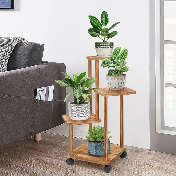 Rustic Wooden 3-Tier Plant Stand with Wheels | Mobile Flower Pot Rack | Multi-Level Indoor & Outdoor Plant Display Shelf