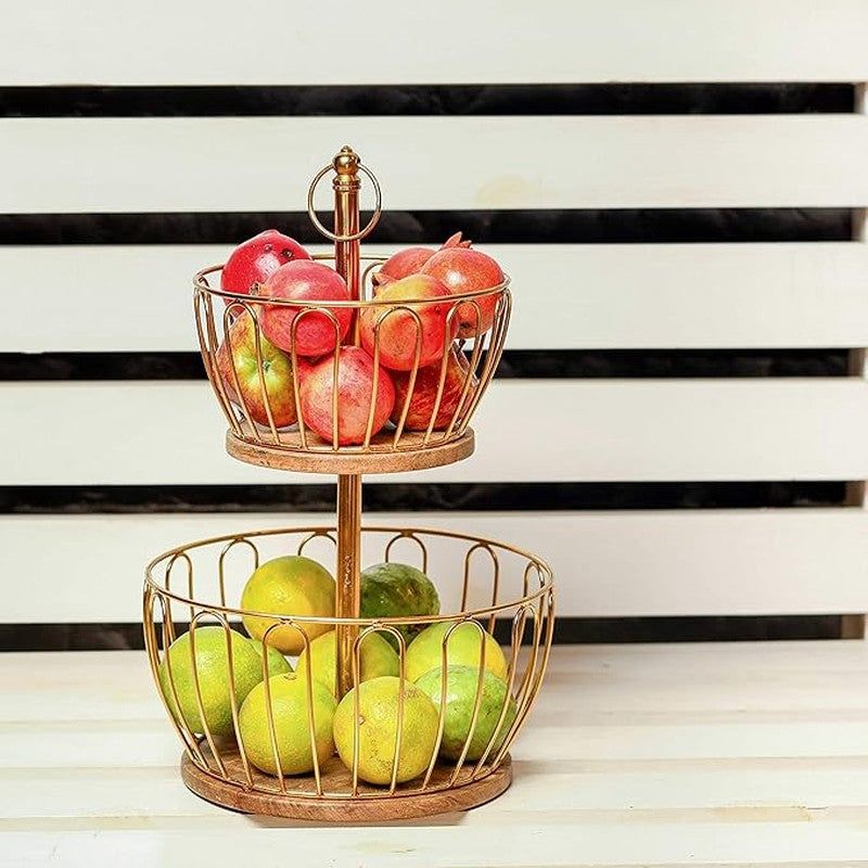 2-Tier Gold Fruit Basket with Wooden Base – Decorative Serving Stand