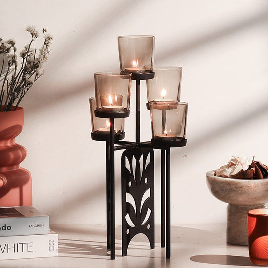 5-Light Metal Candle Holder with Glass Cups – Modern Tabletop Centerpiece