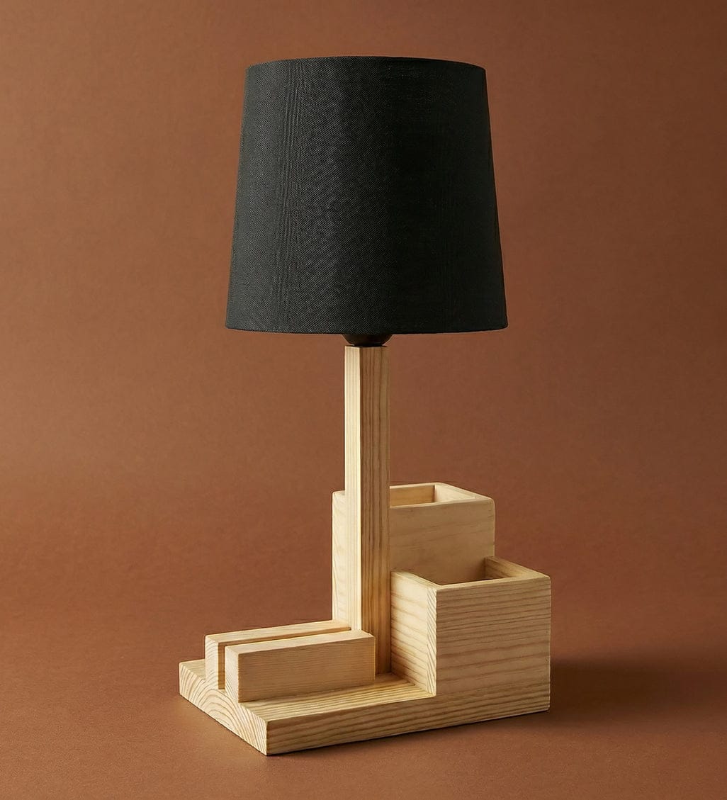 Modern Wooden Table Lamp with Organizer | Bedside Study Lamp with Pen Holder