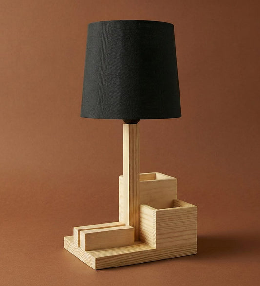 Modern Wooden Table Lamp with Organizer | Bedside Study Lamp with Pen Holder