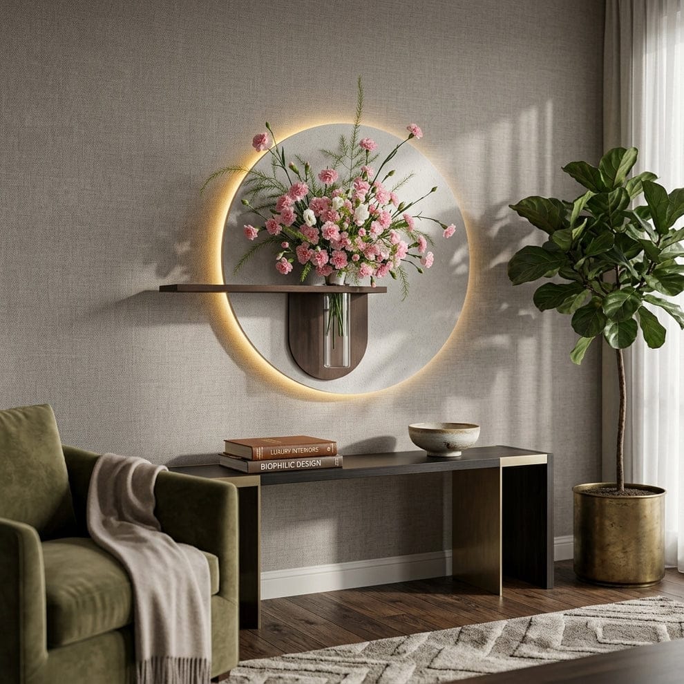 Premium Wooden LED Wall Decor with Glass Vase & Floral Arrangement