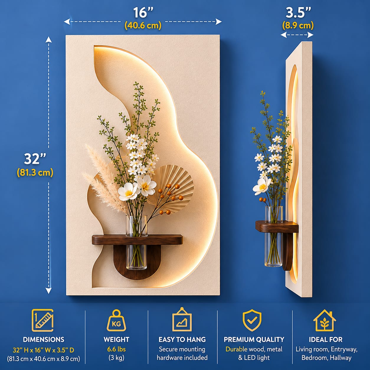 Luxury LED Wall Art Shelf with Vase Holder | Modern Illuminated Decorative Wall Panel | Contemporary Entryway & Living Room Décor
